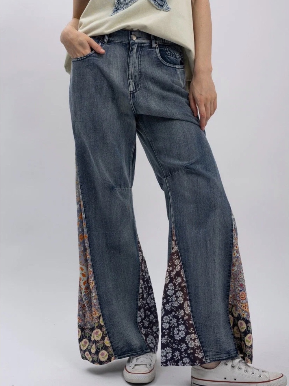 Blue Velvet Flare Jeans with Floral Panels